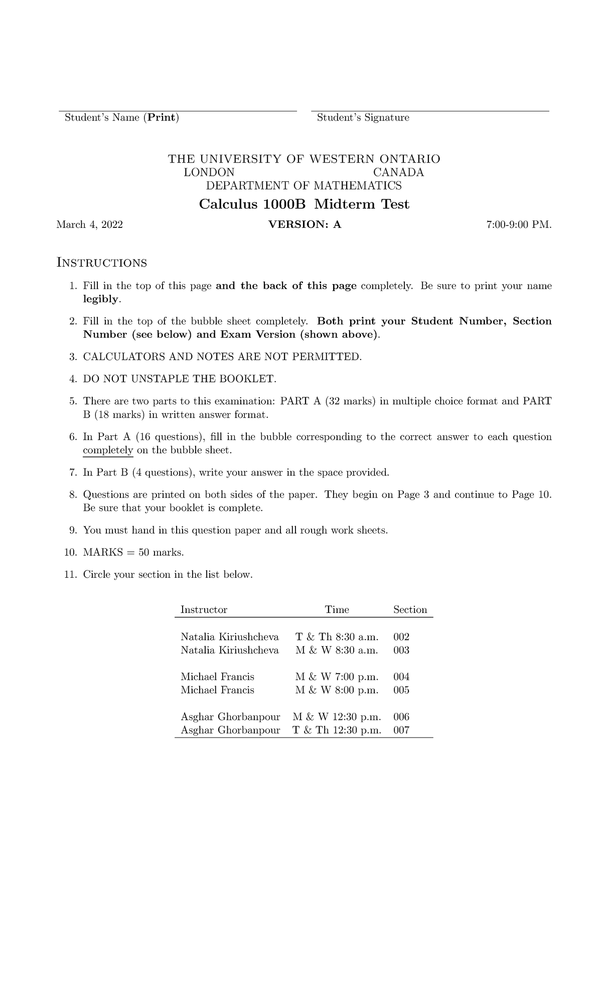 CALC1000 Midterm Test - Calculus March 4, 2022 Version A - Studocu