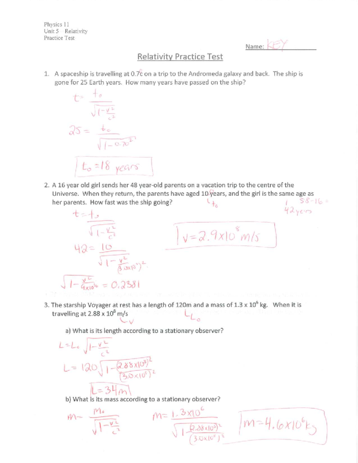 Physics 11 Unit 5 Relativity Practice Test Full Key - Studocu