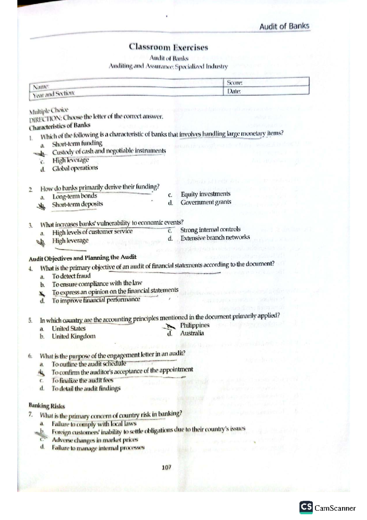 Audit of Banks: Classroom Exercises and Answer Key - Studocu