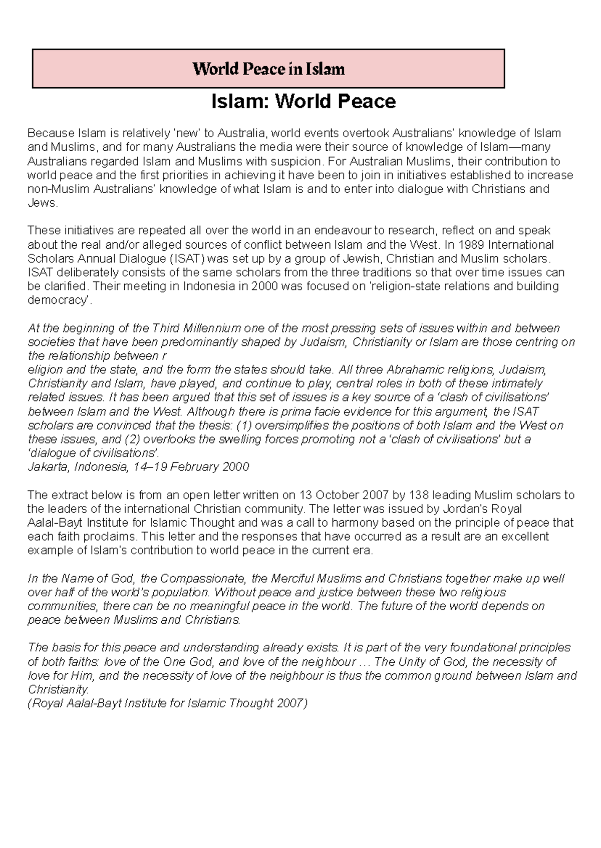 World Peace Initiatives in Islam: A Study of Interfaith Dialogue - Studocu