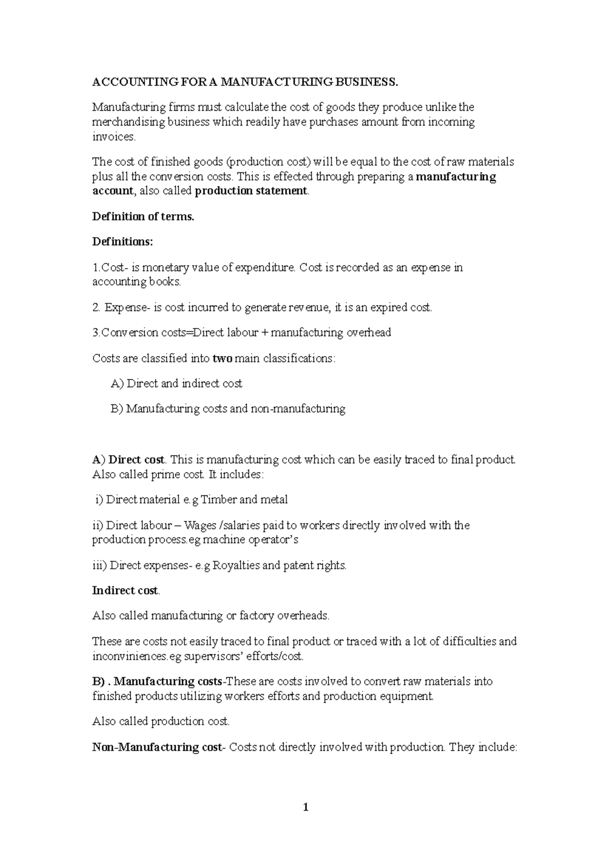 Accounting for a Manufacturing Business 1: Key Concepts & Formats - Studocu