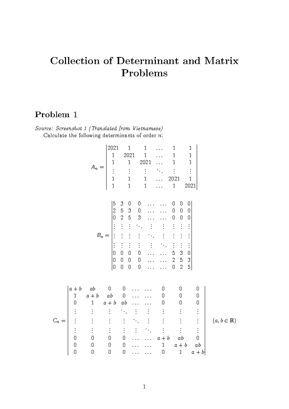 Determinant and Matrix Problems Collection - Math 2021 - Studocu