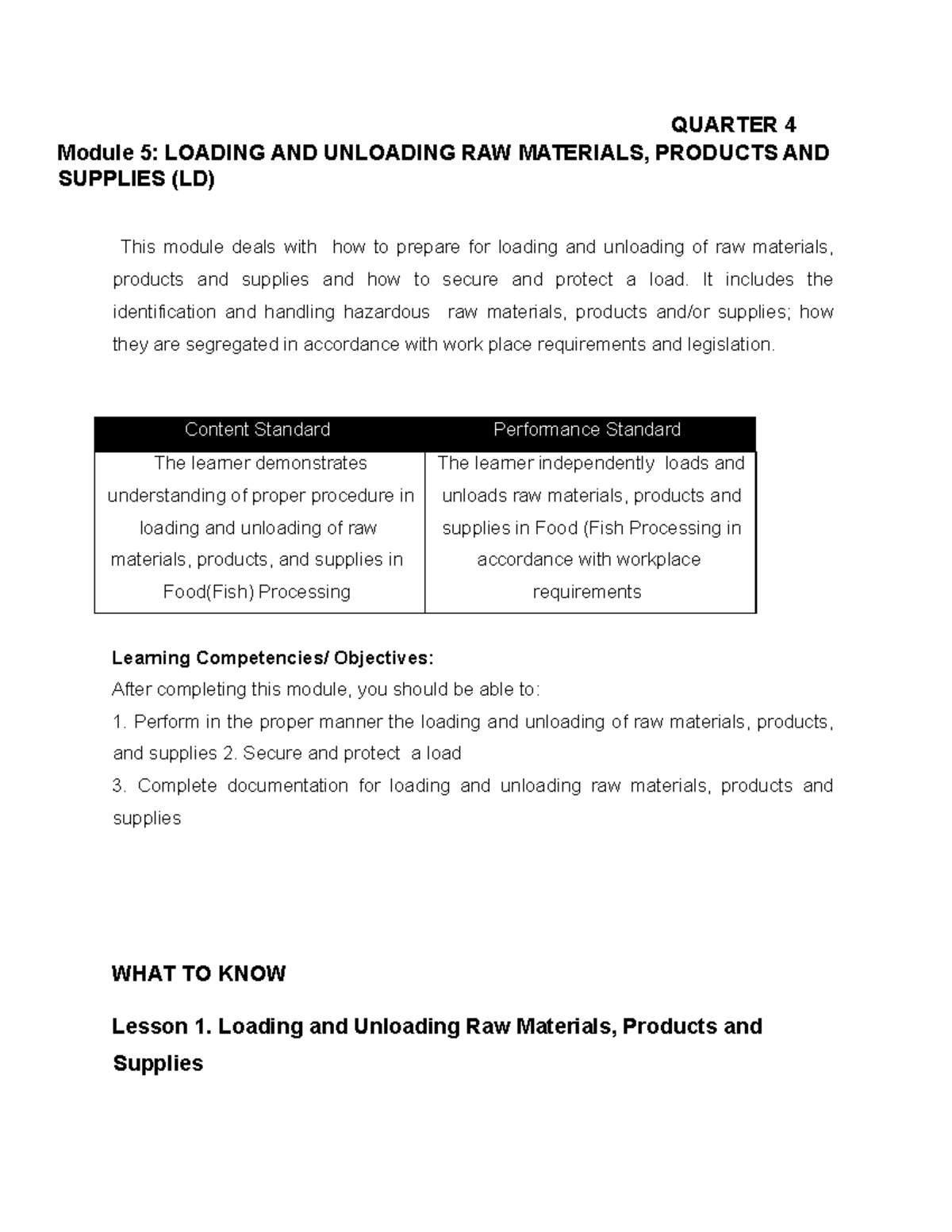 Agricultural & Fishery Module 5: Loading & Unloading Procedures - Studocu
