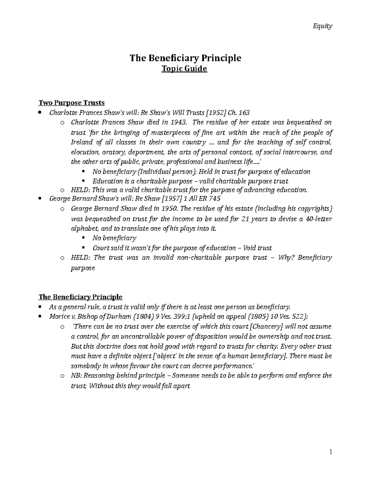 Beneficiary Principle and Purpose Trusts Overview (Law 301) - Studocu