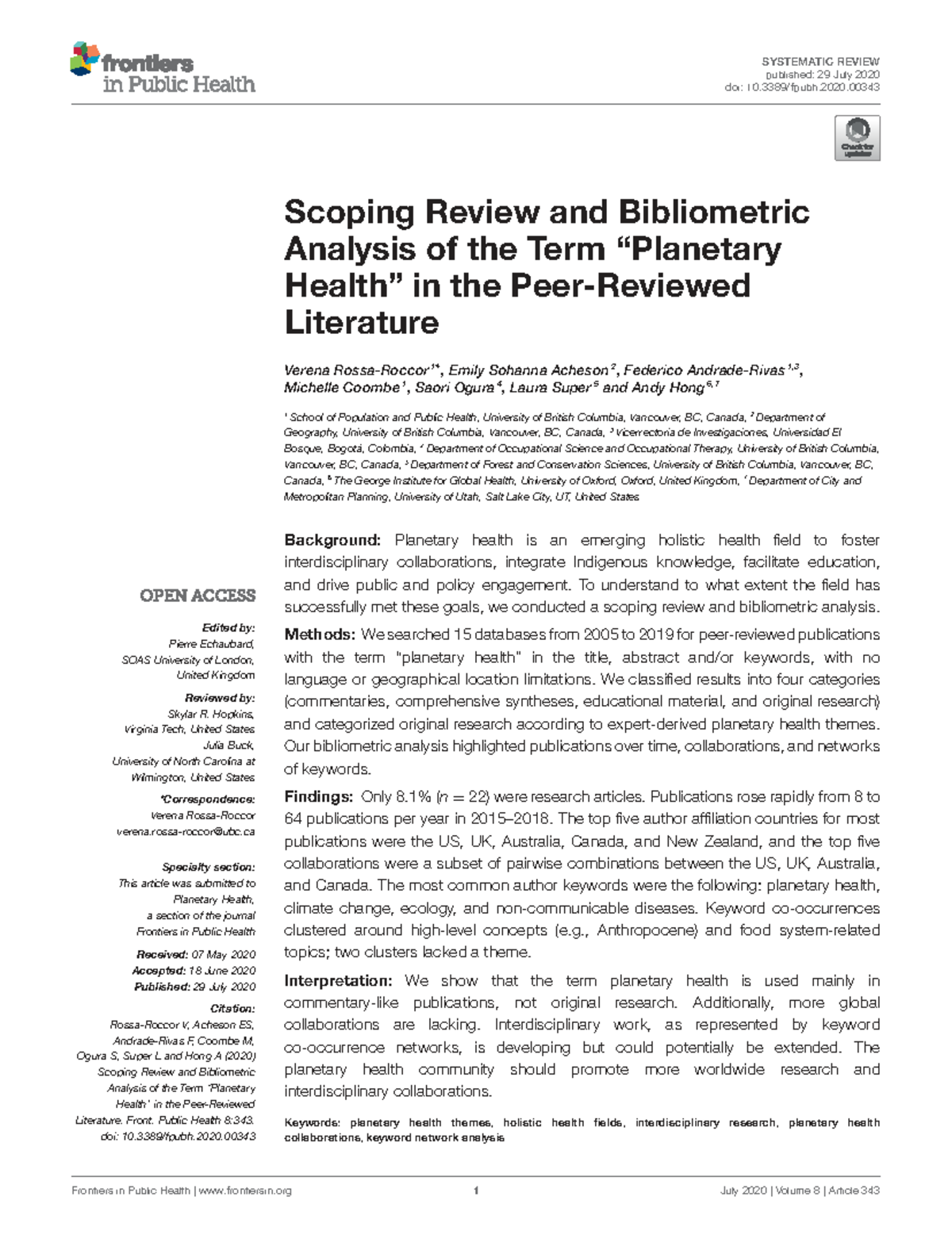 Scoping Review & Bibliometric Analysis of Planetary Health Literature ...