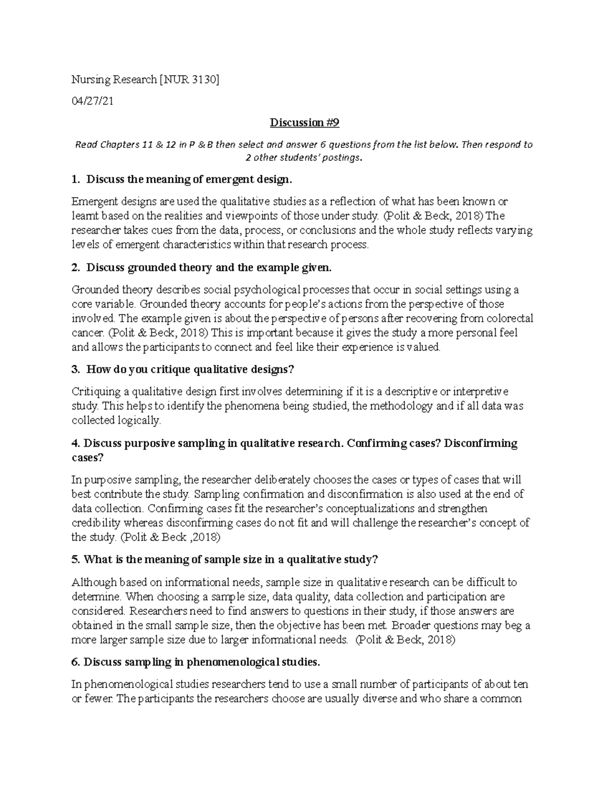 Research 9 - Nursing Research [NUR 3130] 04/27/ Discussion # Read ...