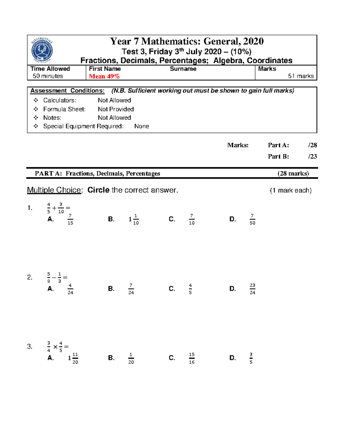 2020 7MA Test 3 - Fractions, Decimals, Algebra, Coordinates Exam - Studocu