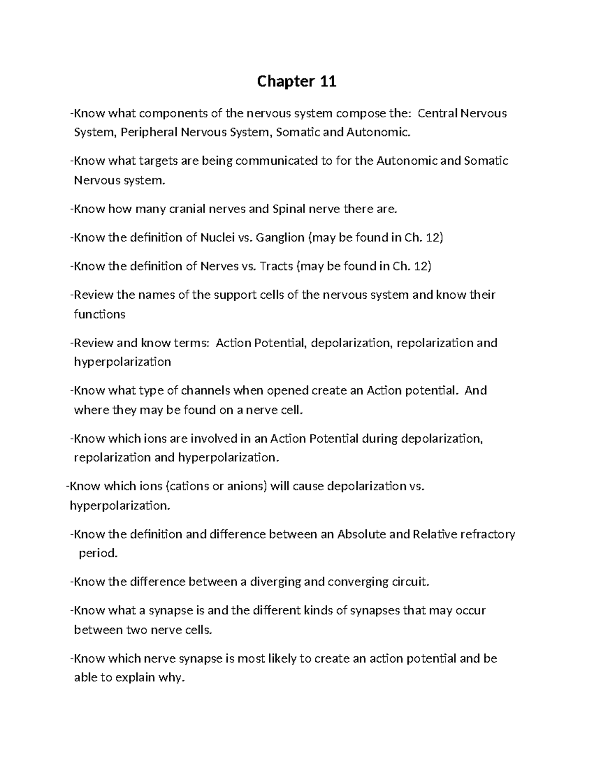 Nervous System Overview: Chapters 11 & 12 Concept Review - Chapter 11 ...