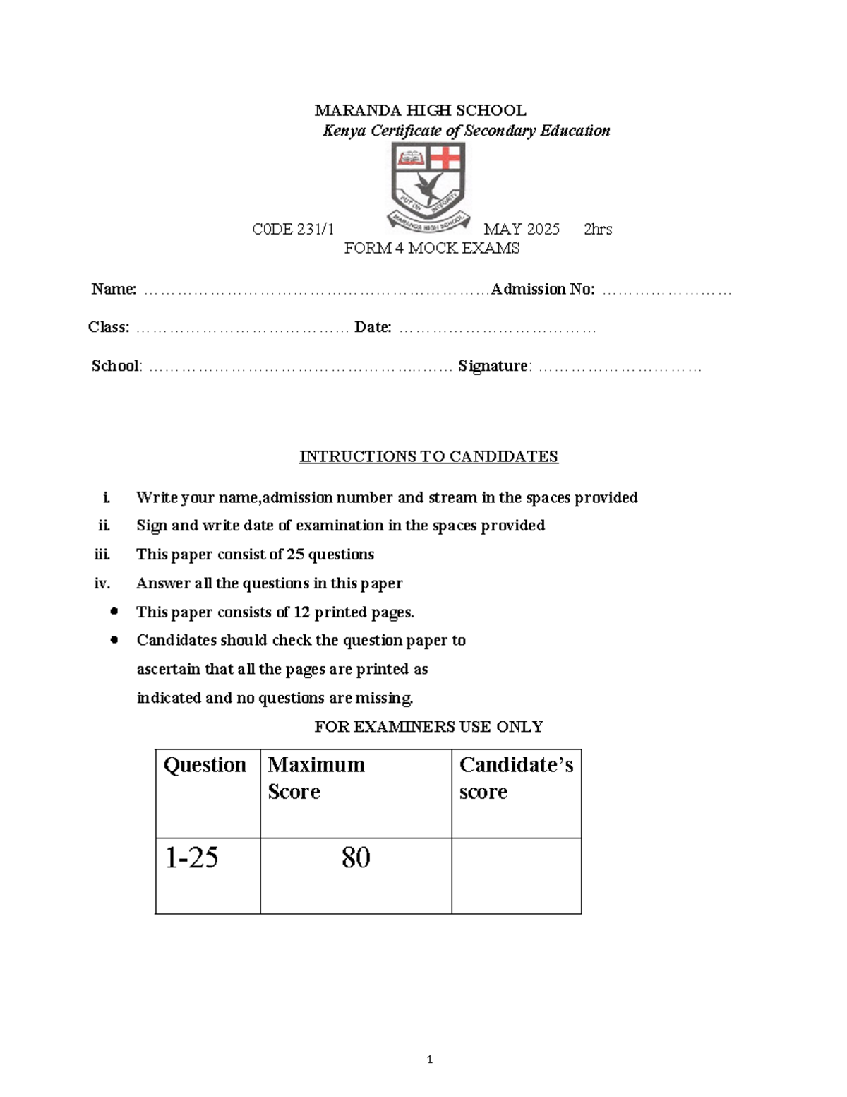 Maranda High School KCSE 2025 Form 4 Mock Exam Biology Questions - Studocu