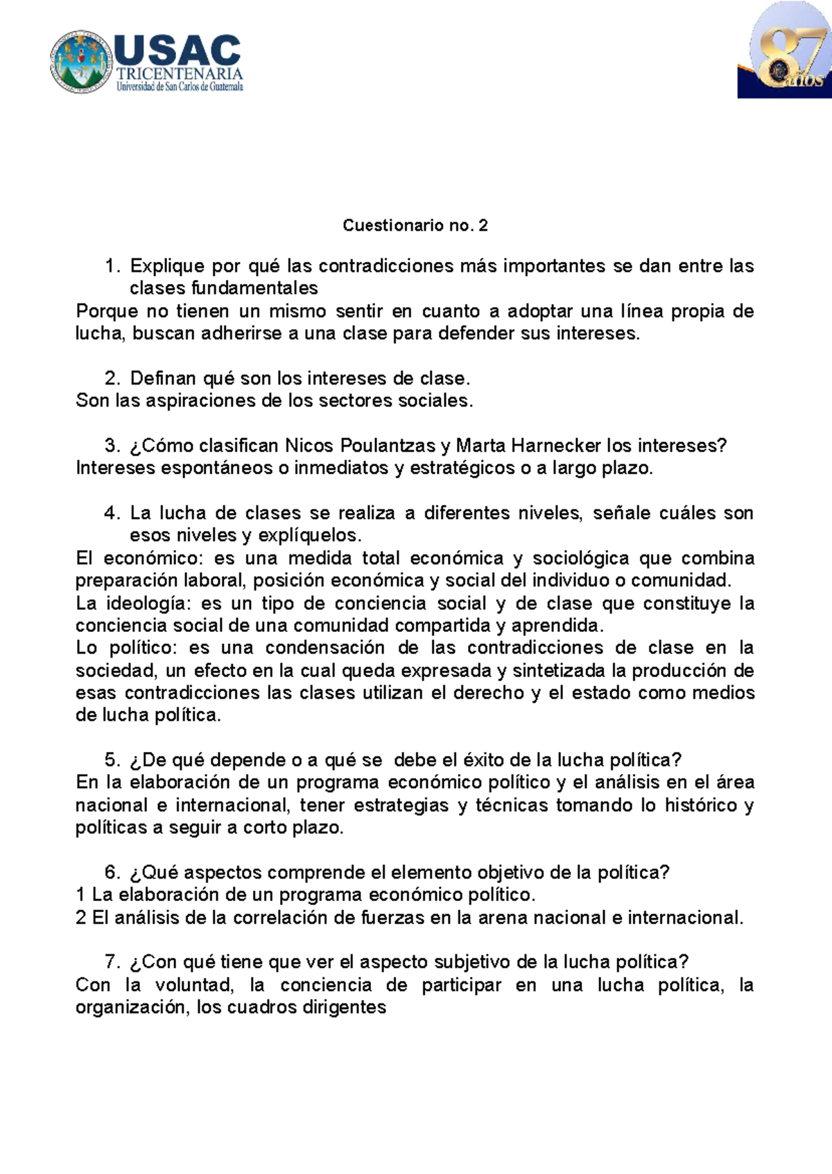 Guía de Estudio: Cuestionario 2 - Clases y Lucha de Clases - Document Preview