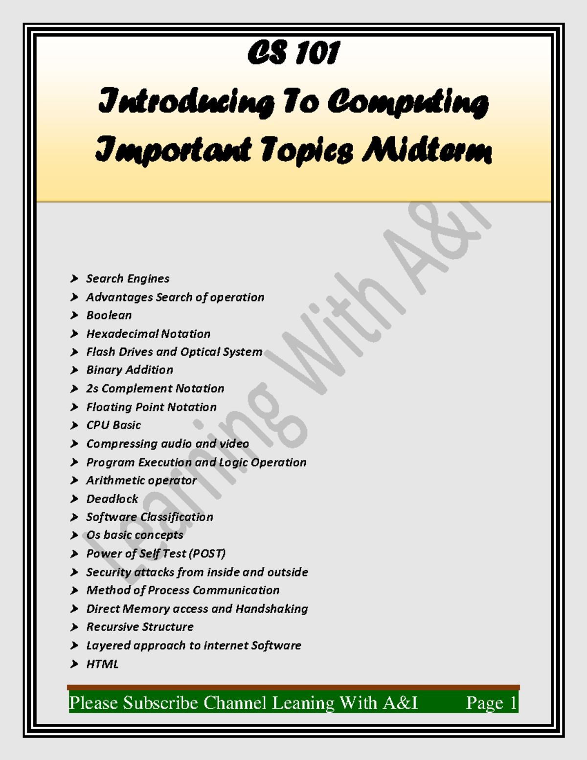 CS 101 Midterm Exam Key Topics: Computing Fundamentals & Algorithms ...