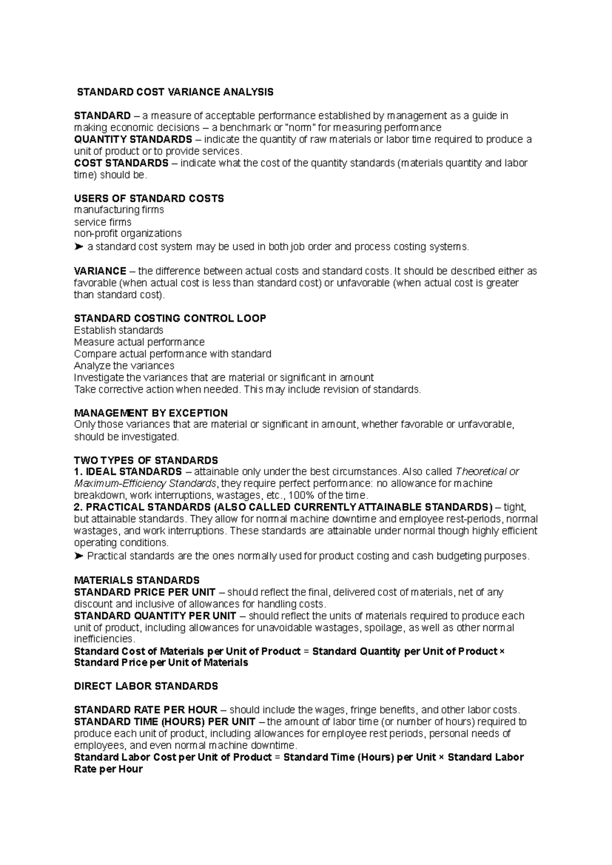 Standard Costing & Variance Analysis (FIN 301) Handout - Studocu