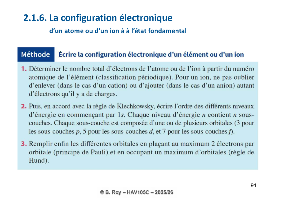 Configuration Électronique des Atomes et Ions - HAV105C - Studocu