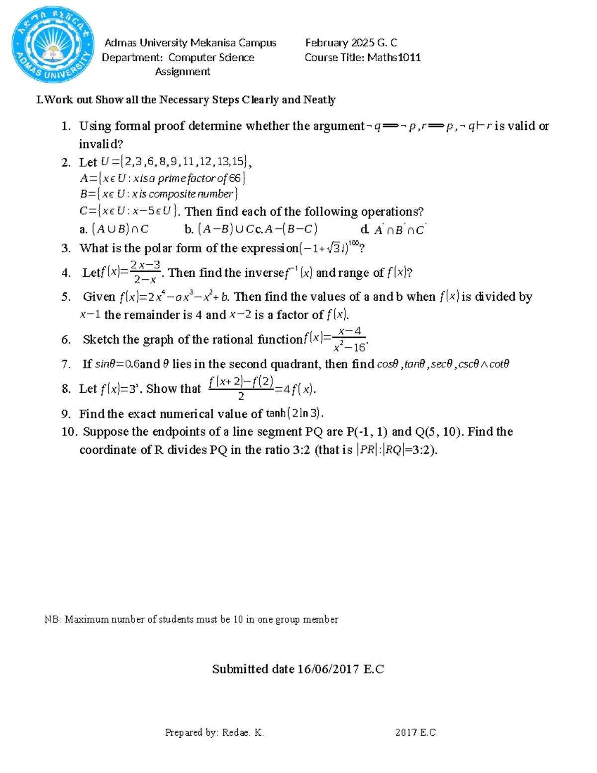 CS 101 Assignment: Proofs and Functions in Mathematics - Studocu