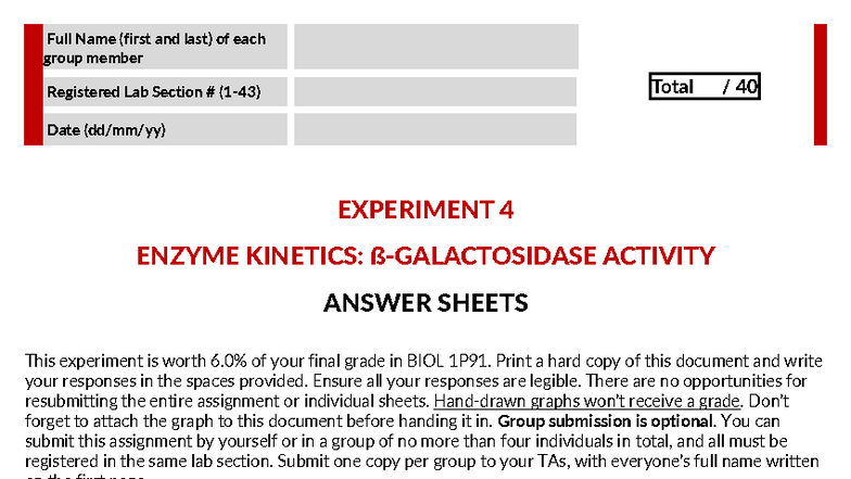 Experiment 4 Answer Sheets for Student BIOL 1P91 Fall 2025 - Page 1 of ...