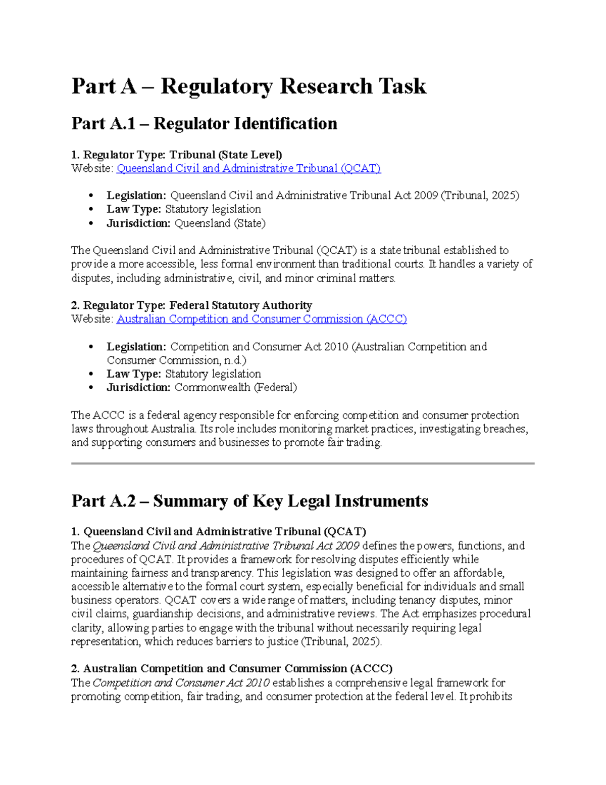 Regulatory Research Task: QCAT & ACCC Overview (Part A) - Studocu