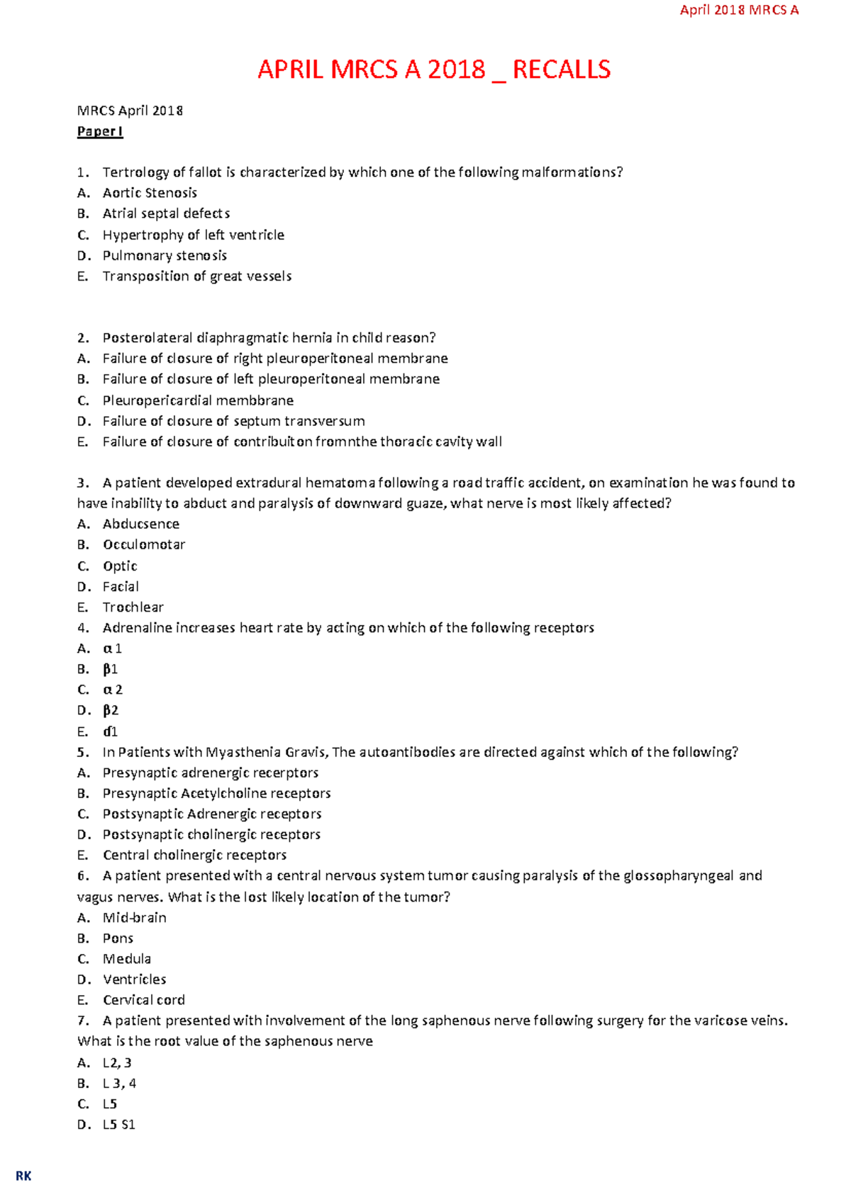 April 2018 MRCS A Recall Questions for Paper I and II Exam - Studocu