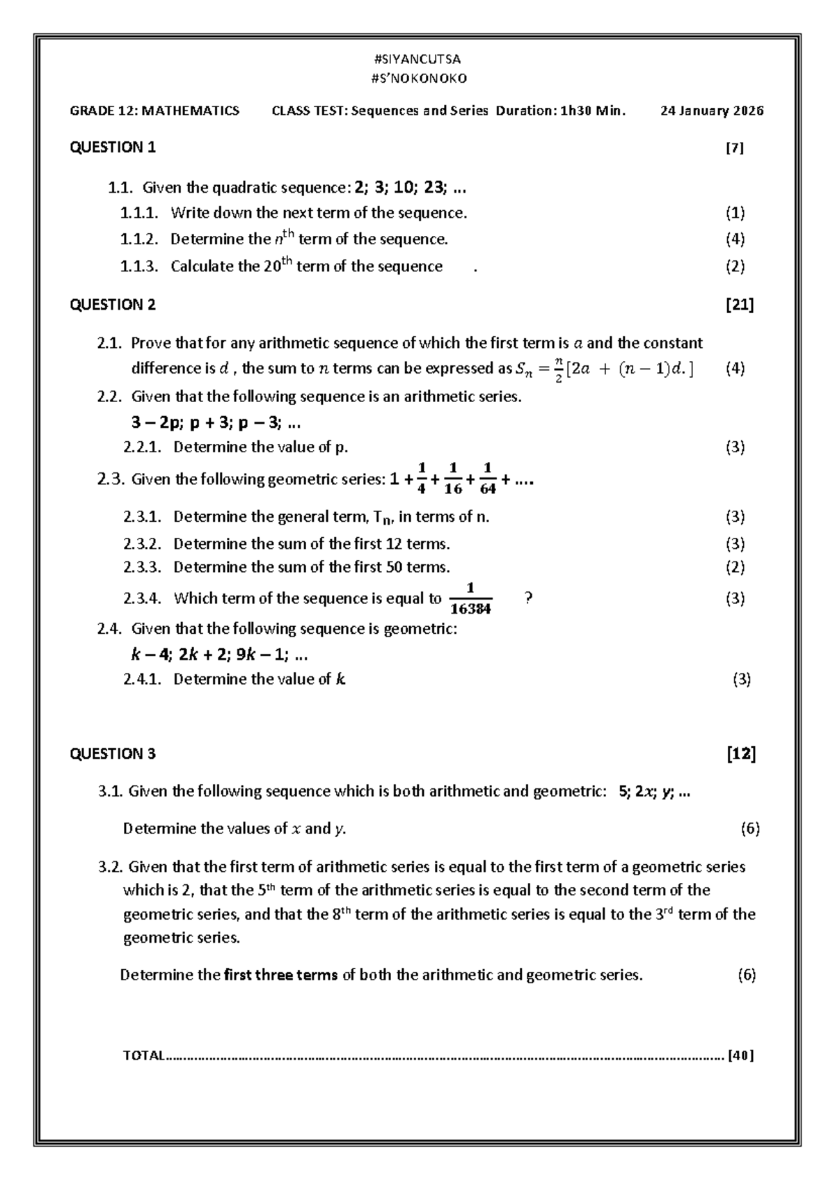 GRADE 12: MATHEMATICS CLASS TEST: Sequences & Series 2026 - Studocu