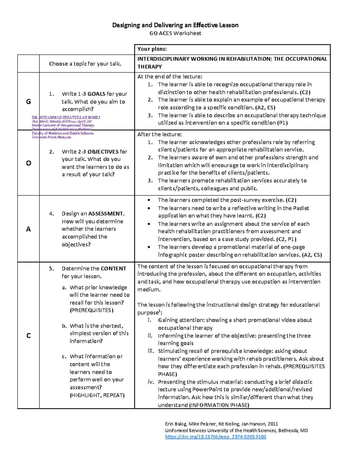 GO ACES Worksheet for Effective Lesson Planning: Occupational Therapy ...