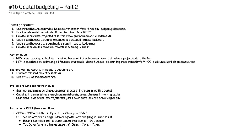 Finance - Ch 10 - Capital Budgeting Lecture Notes - Studocu
