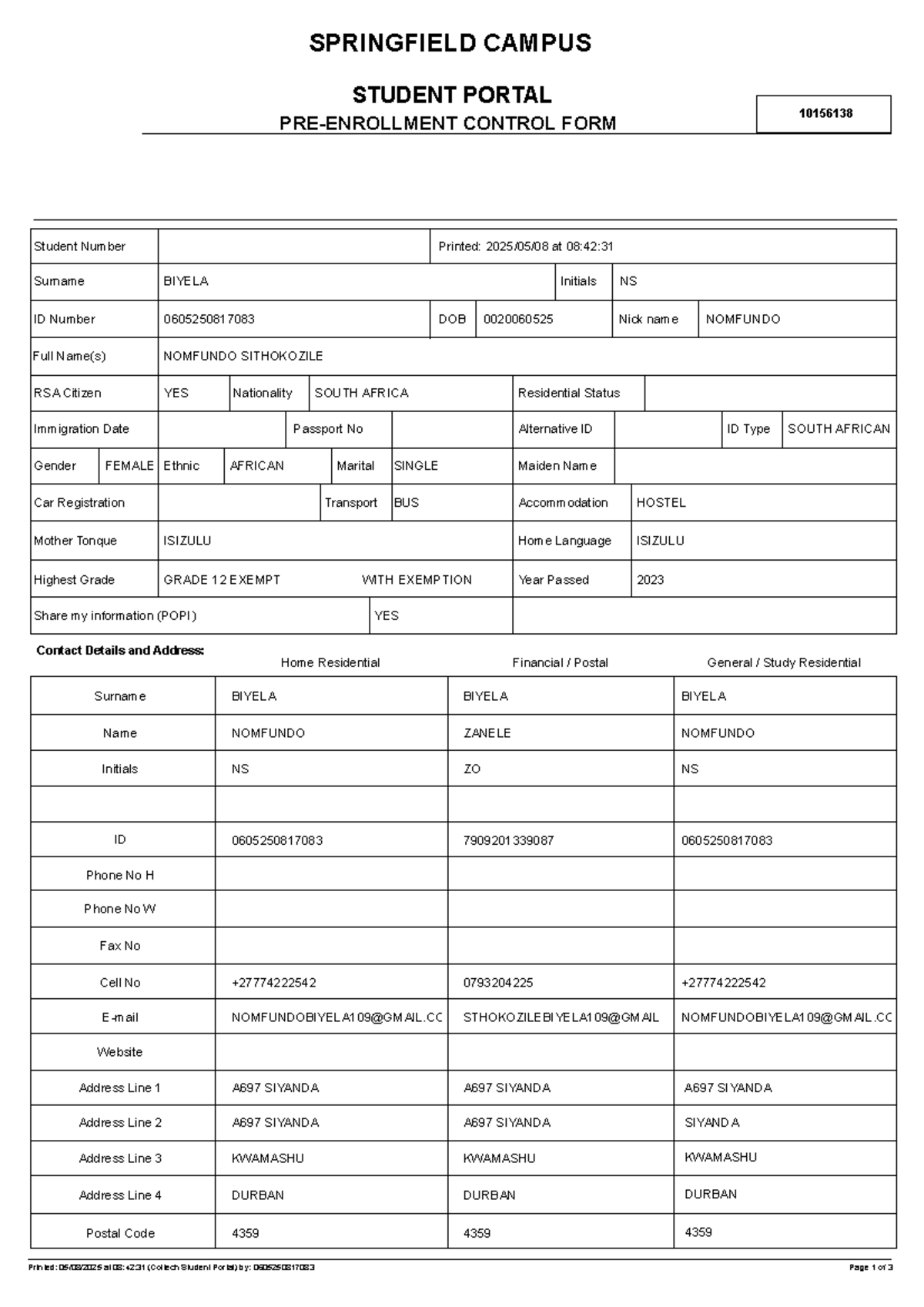 Springfield Campus Student Portal Control Form 10156138 - 2023 - Studocu