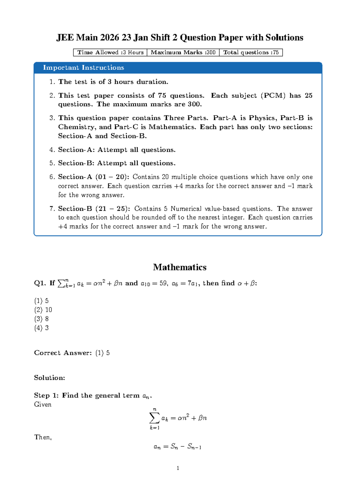 JEE Main 2026 Jan 23 Shift 2 Question Paper with Solutions - Studocu