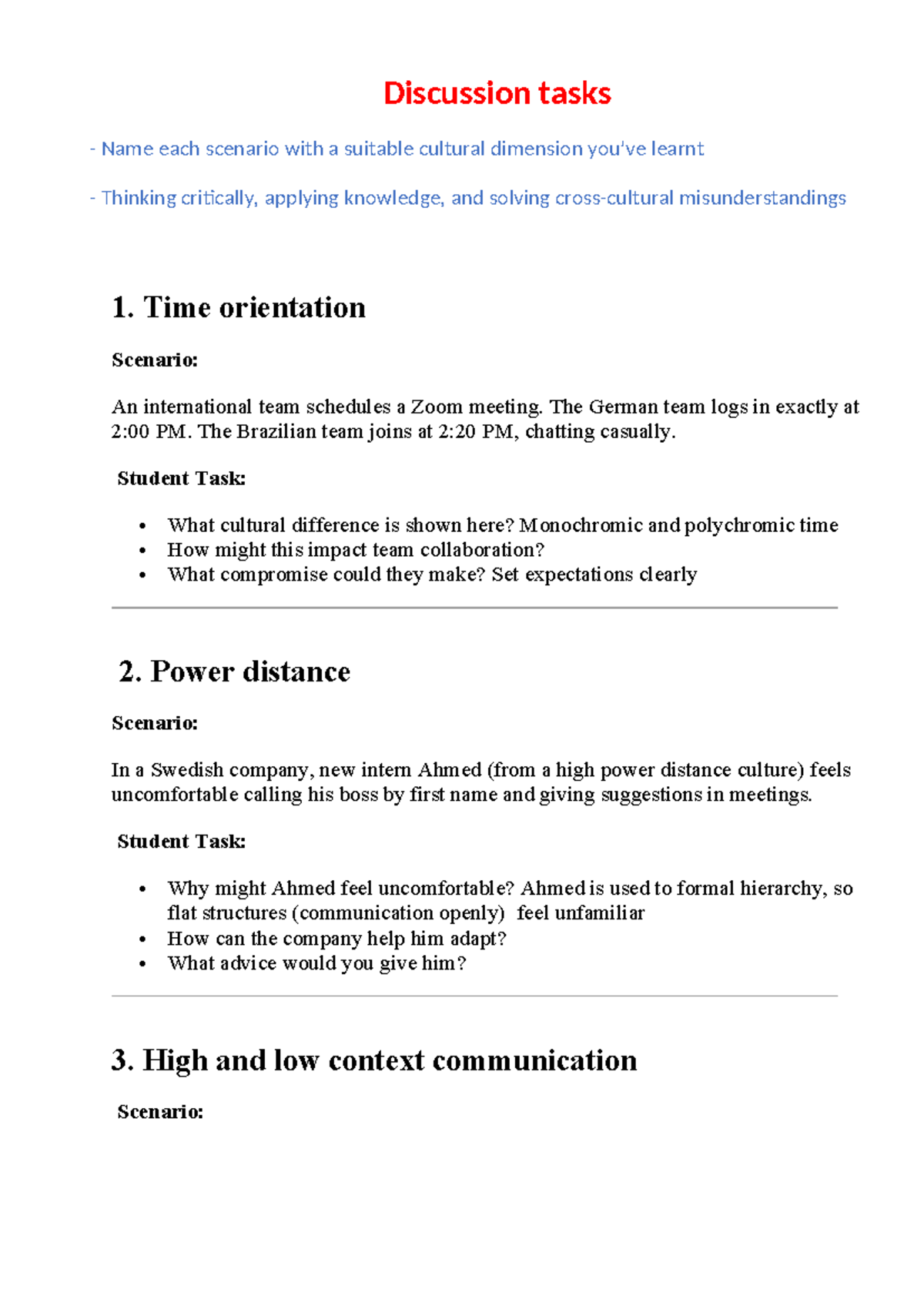 1.4 Discussion Tasks: Cultural Dimensions & Team Collaboration - Studocu