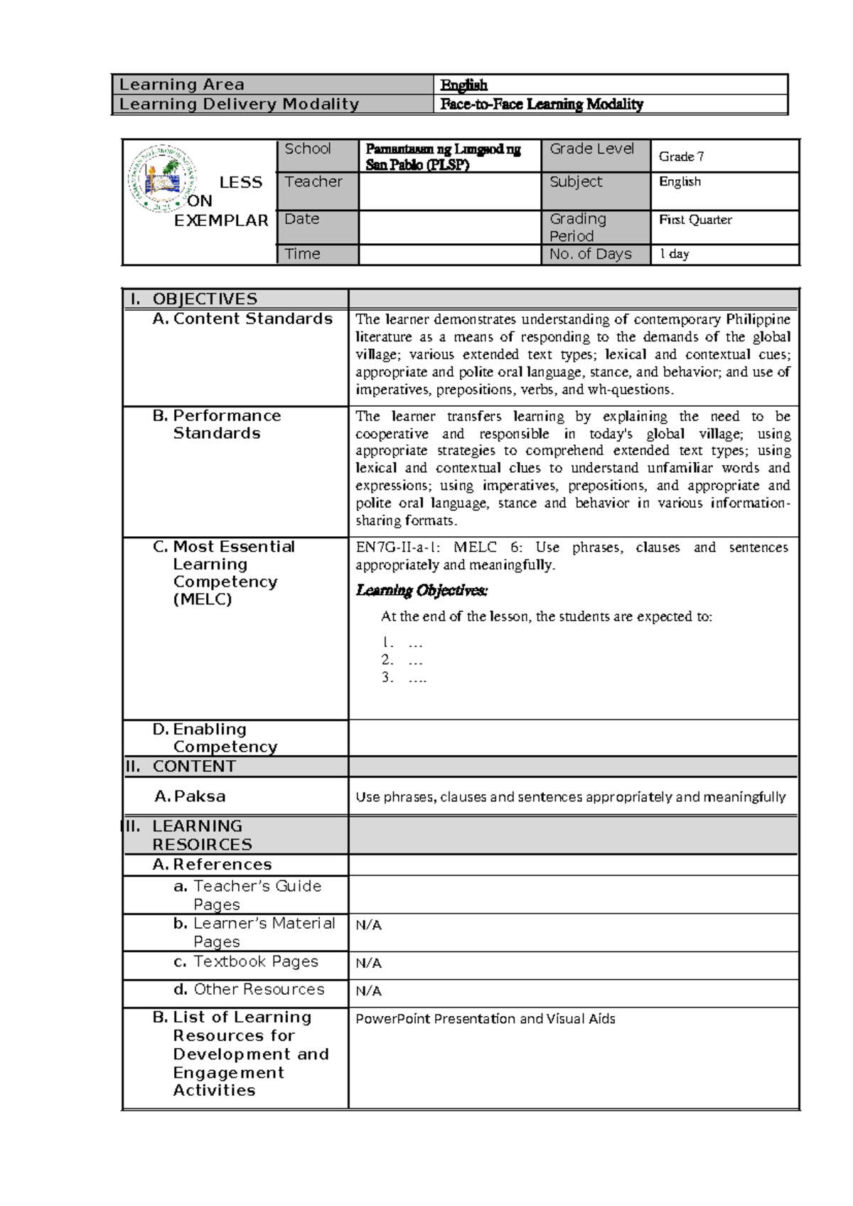 PLSP Grade 7 English Lesson Exemplar: Understanding Philippine ...