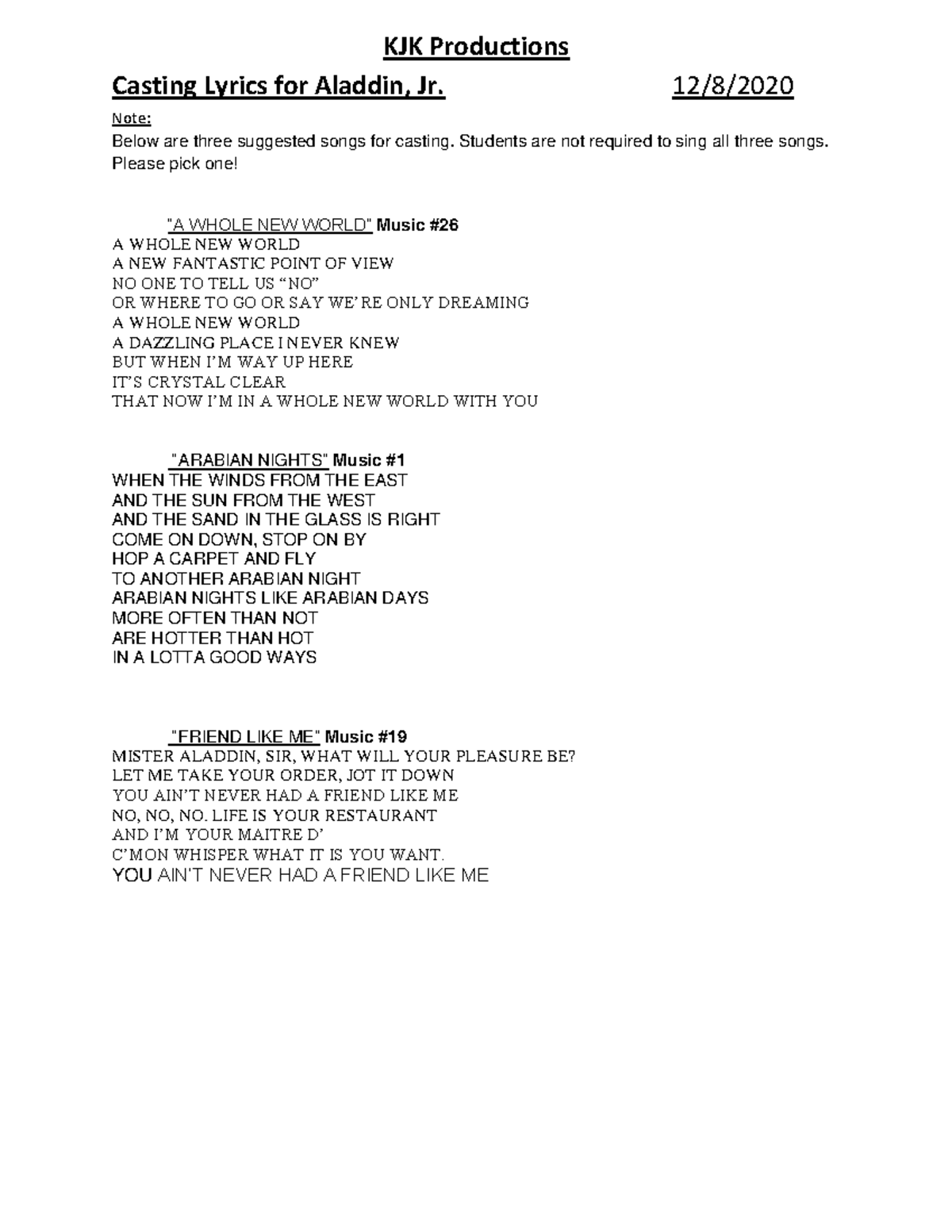 KJK 12/8 - Aladdin Jr. Casting: Songs and Lyrics Guide - Studocu