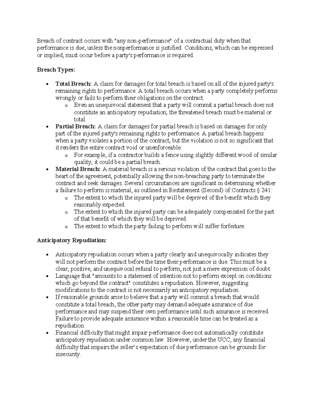 Contracts 2: Breach of Contract Types and Defenses Explained - Studocu