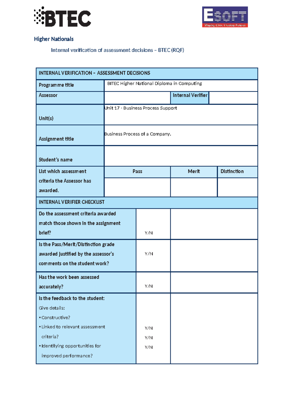 HND in Computing: Unit 17 Business Process Support Assessment Guide ...