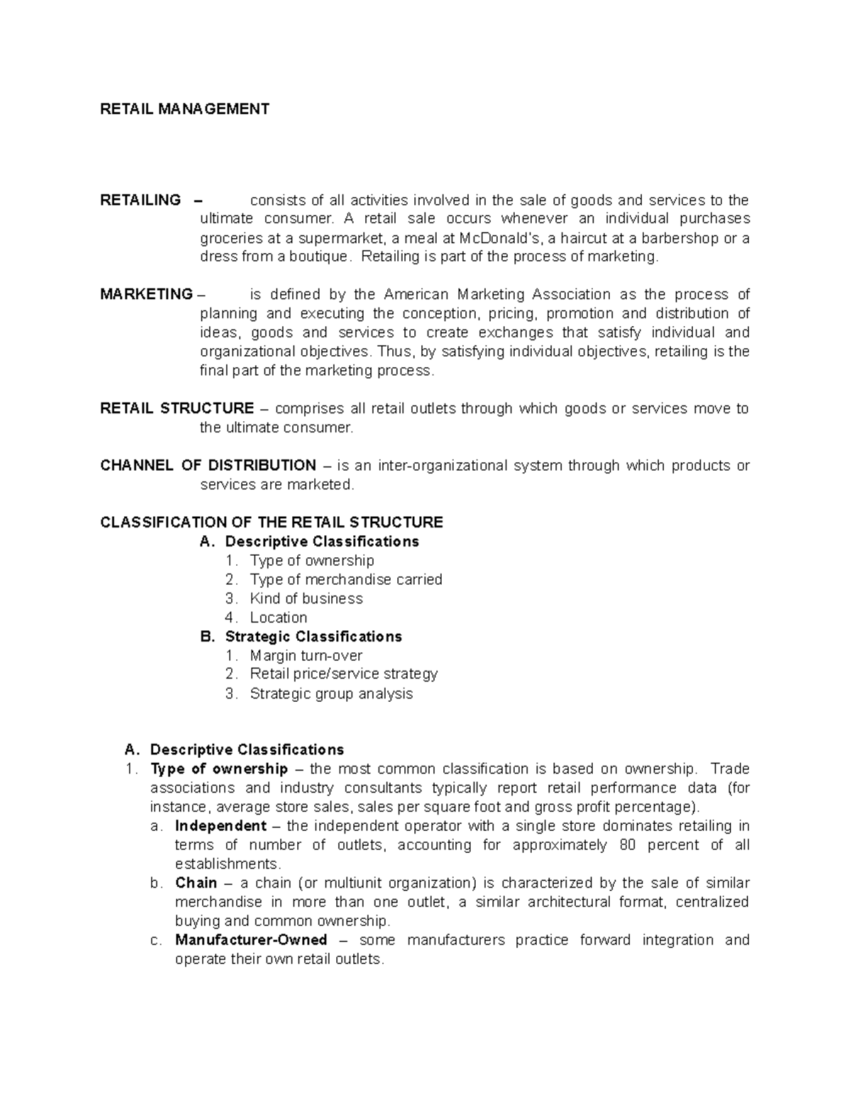 Retail Managemen 1 Lecture Notes PART 2 - RETAIL MANAGEMENT RETAILING ...