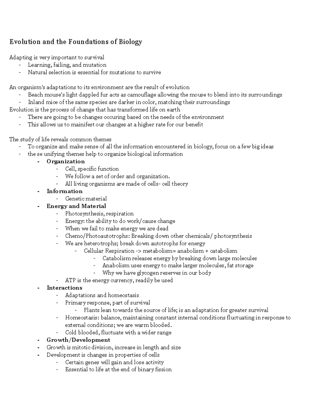 Bio 101 Chapter 1 Lecture Notes: Evolution & Foundations of Biology ...