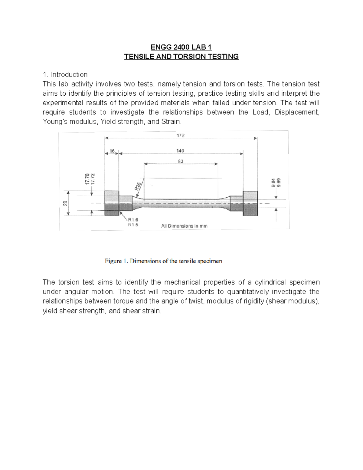 ENGG 2400 Lab 1 - Theory of Tensile and Torsion Testing - Studocu