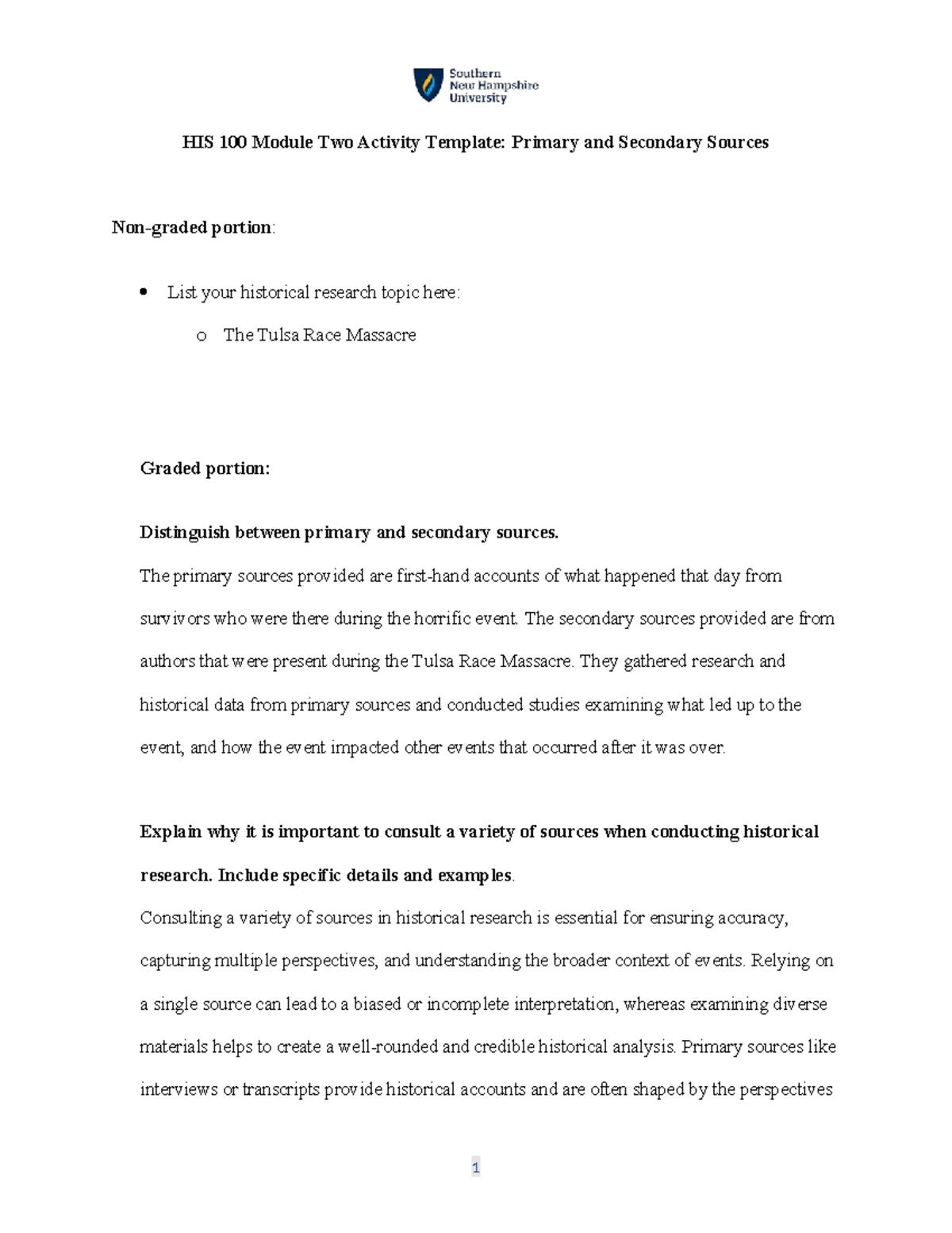 HIS 100 Module Two Activity: Analyzing Primary & Secondary Sources ...