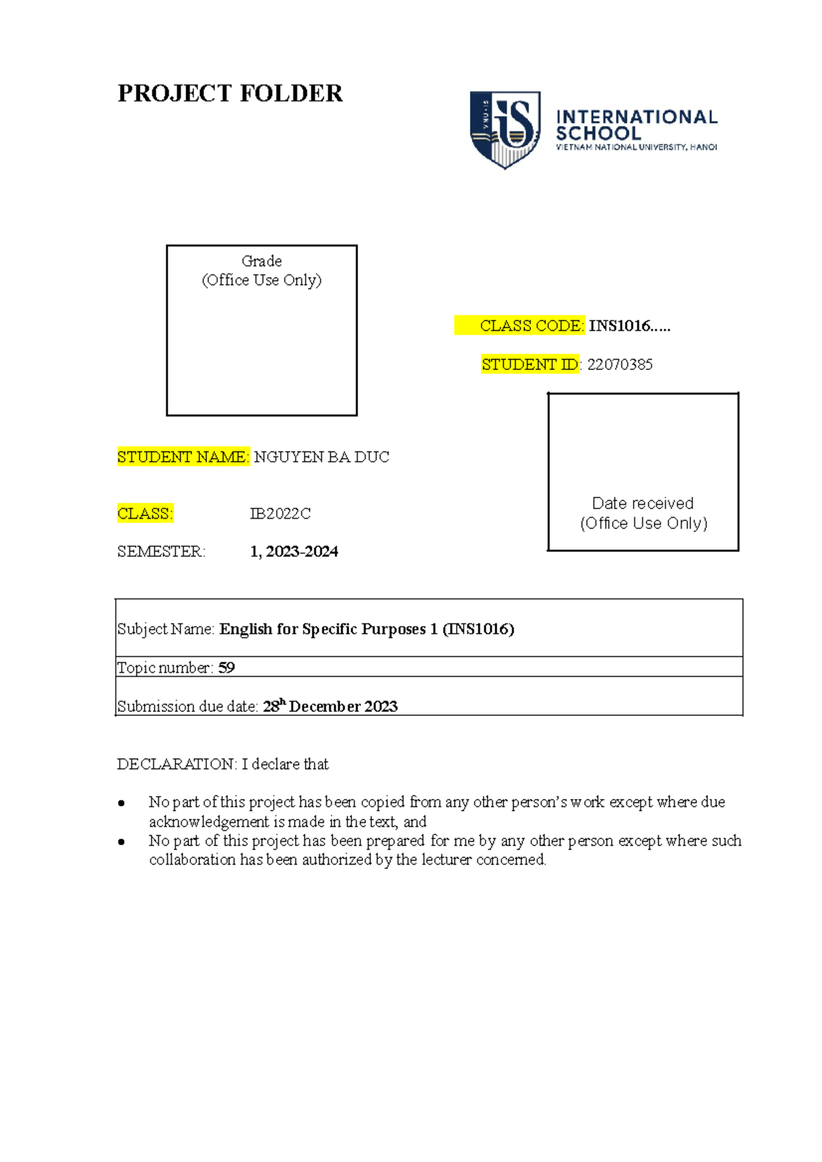 Template TemplateTemplate Template - PROJECT FOLDER CLASS CODE: INS1016 ...