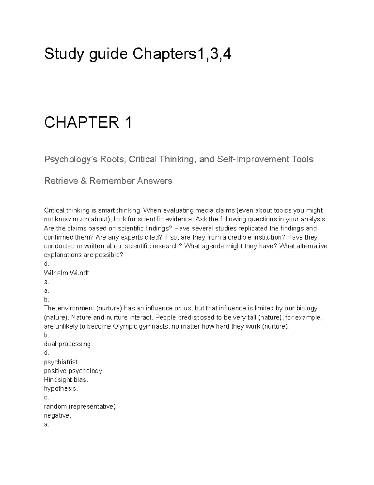 Study Guide for Chapters 1, 3, and 4: Critical Thinking & Research ...