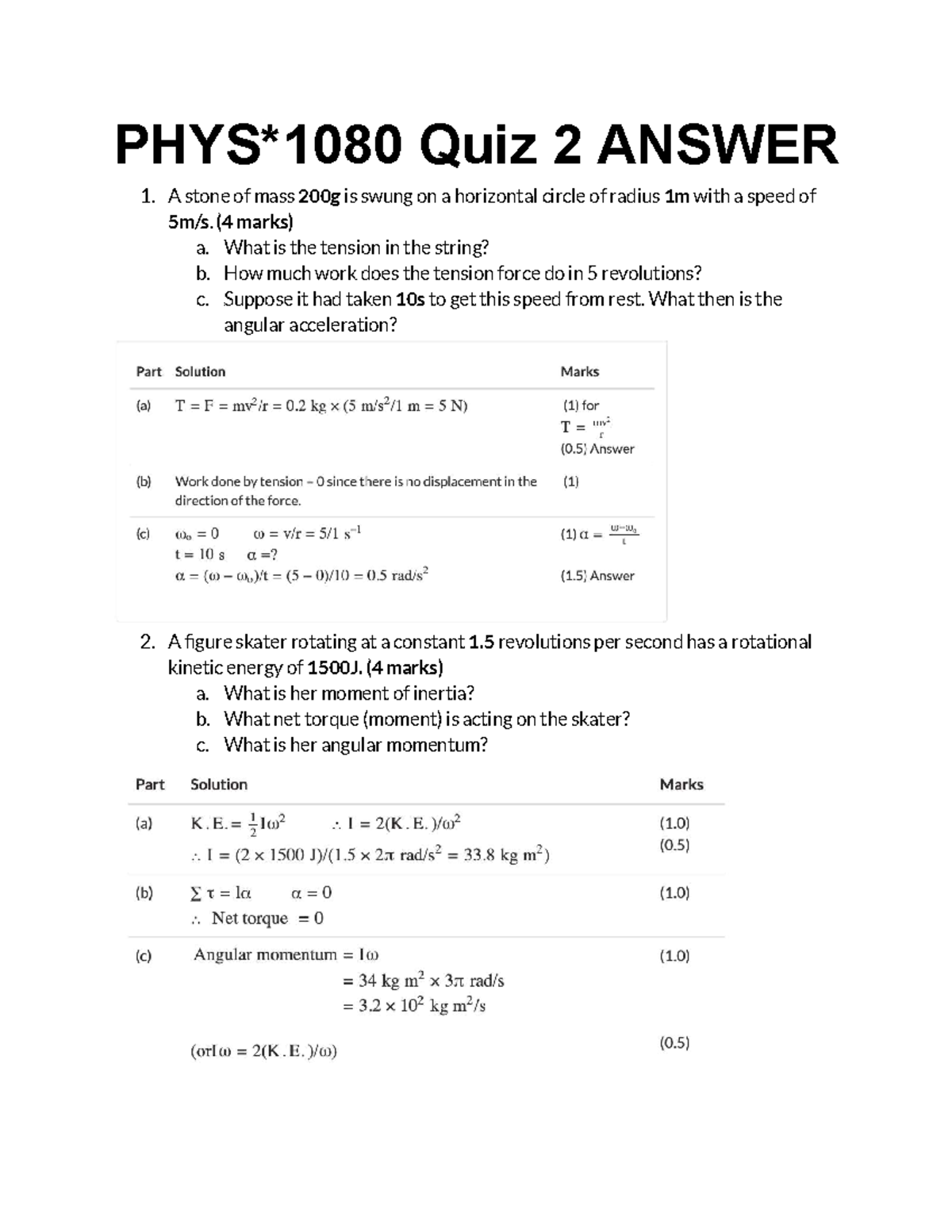 PHYS 1080 Quiz 2: Circular Motion & Rotational Dynamics Solutions - Studocu