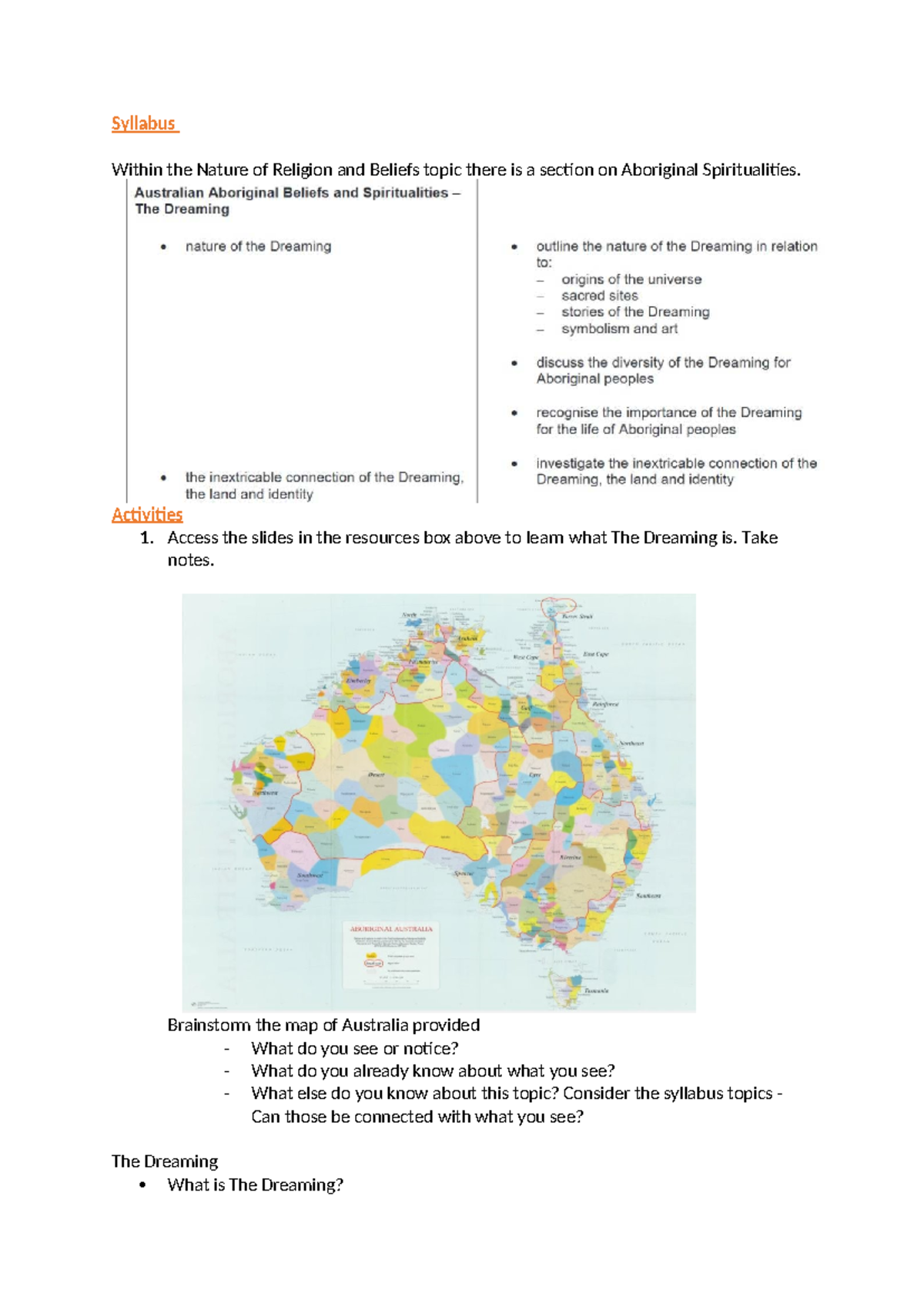 A1 Activities Worksheet: Exploring Aboriginal Spiritualities and The ...