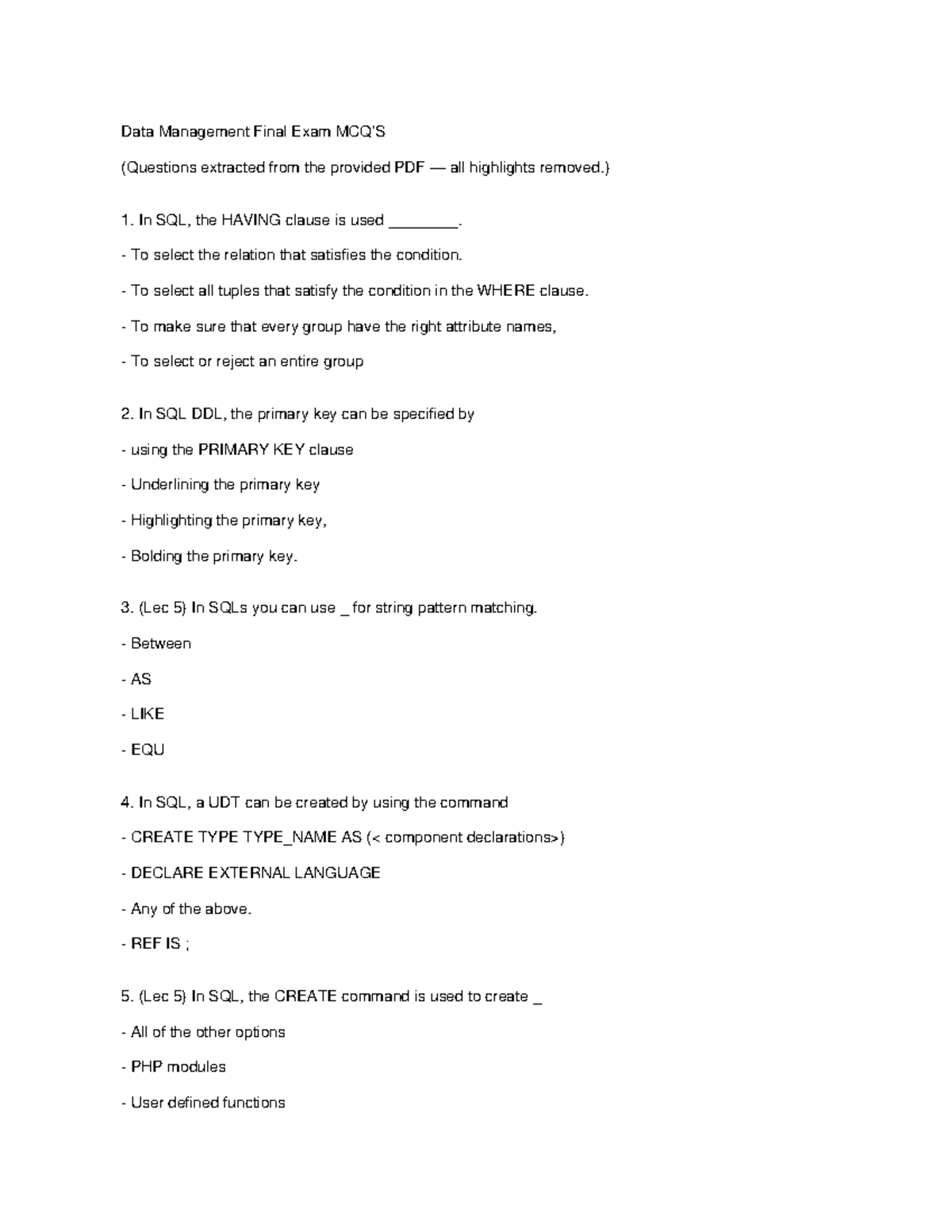 Data Management (DM101) Final Exam MCQs - No Highlights - Studocu