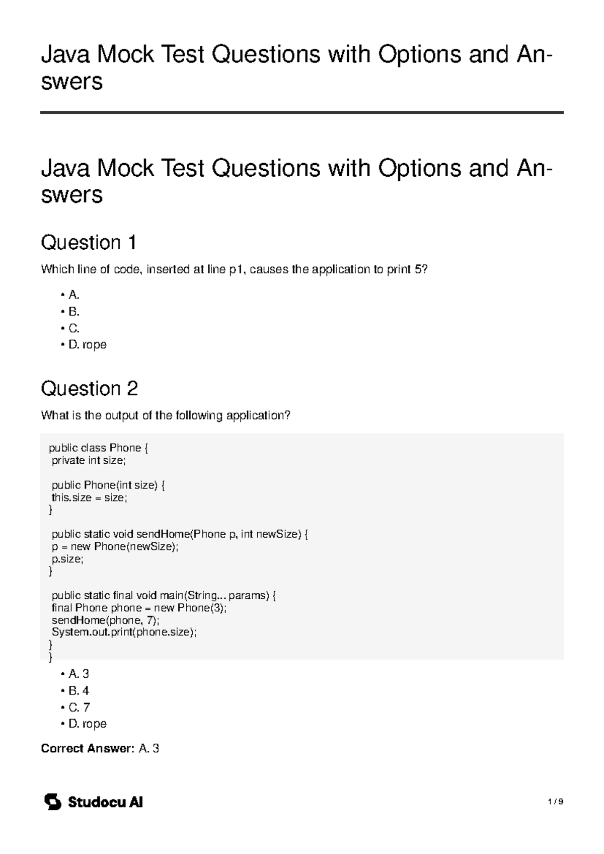 Java Mock Test Questions & Answers for CS101 - Studocu