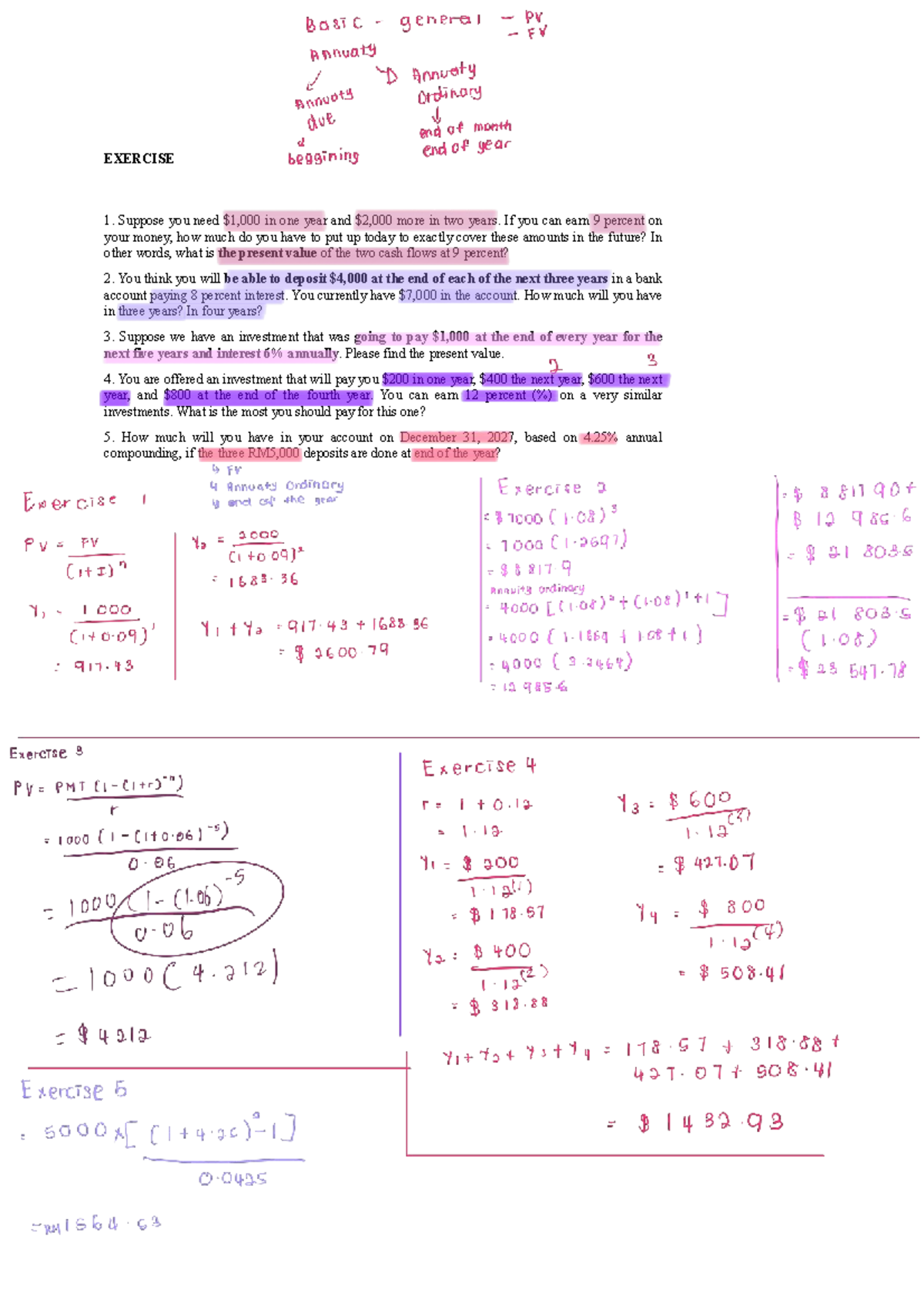 Finance Exercise Notes: Present Value & Future Value Calculations - Studocu