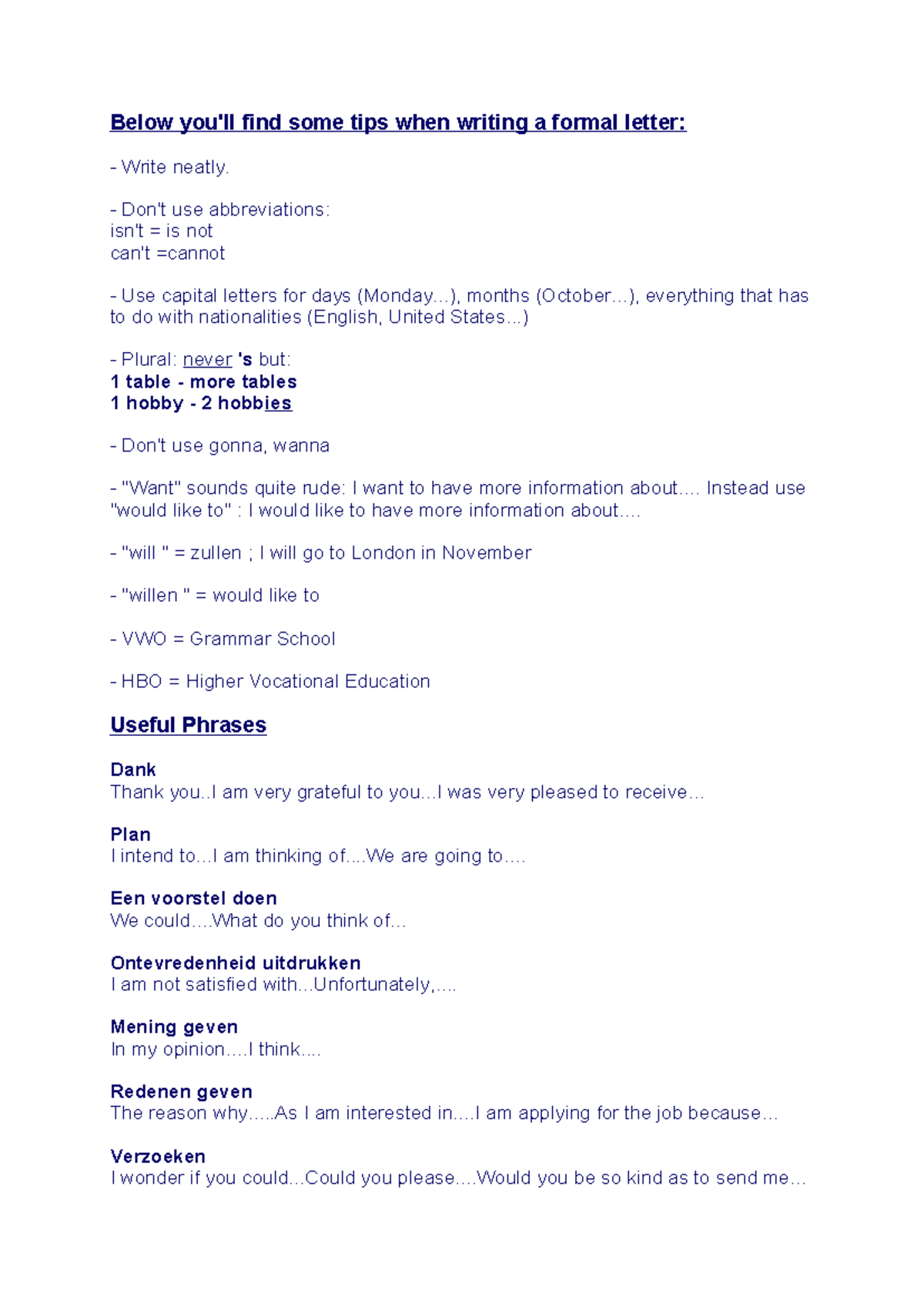 Tips Formal Letter - Tips voor een formele brief - Below you'll find ...