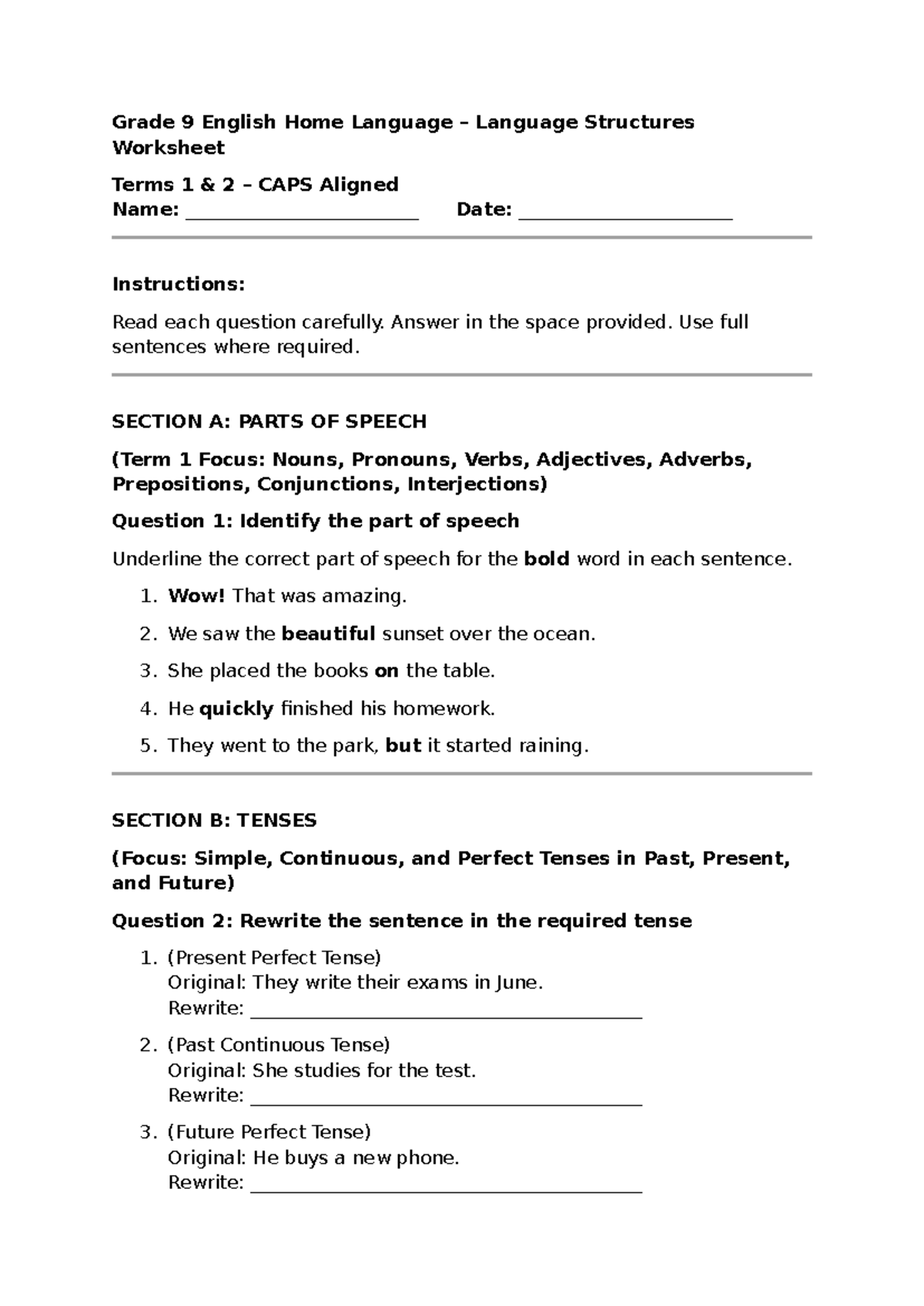 Grade 9 English HL Language Structures Worksheet Terms 1 & 2 - Studocu