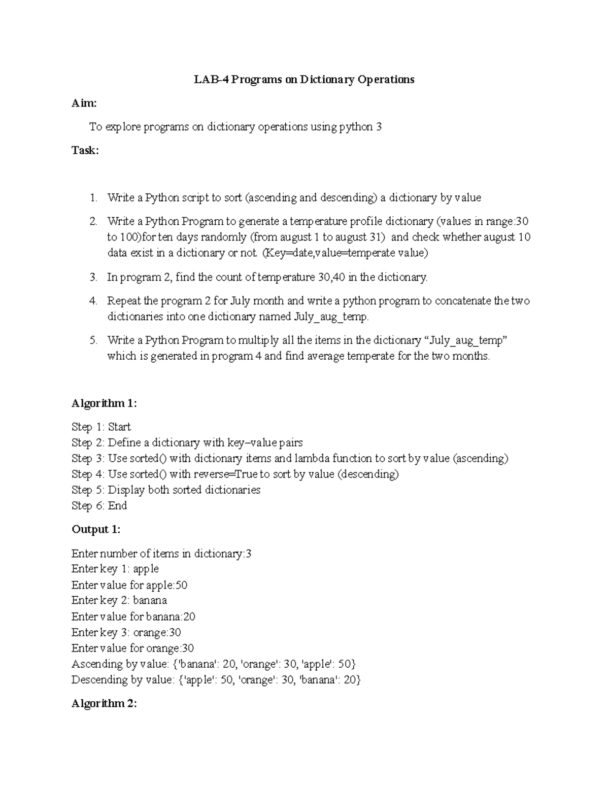 LAB - Python 3 Programs on Dictionary Operations - Studocu