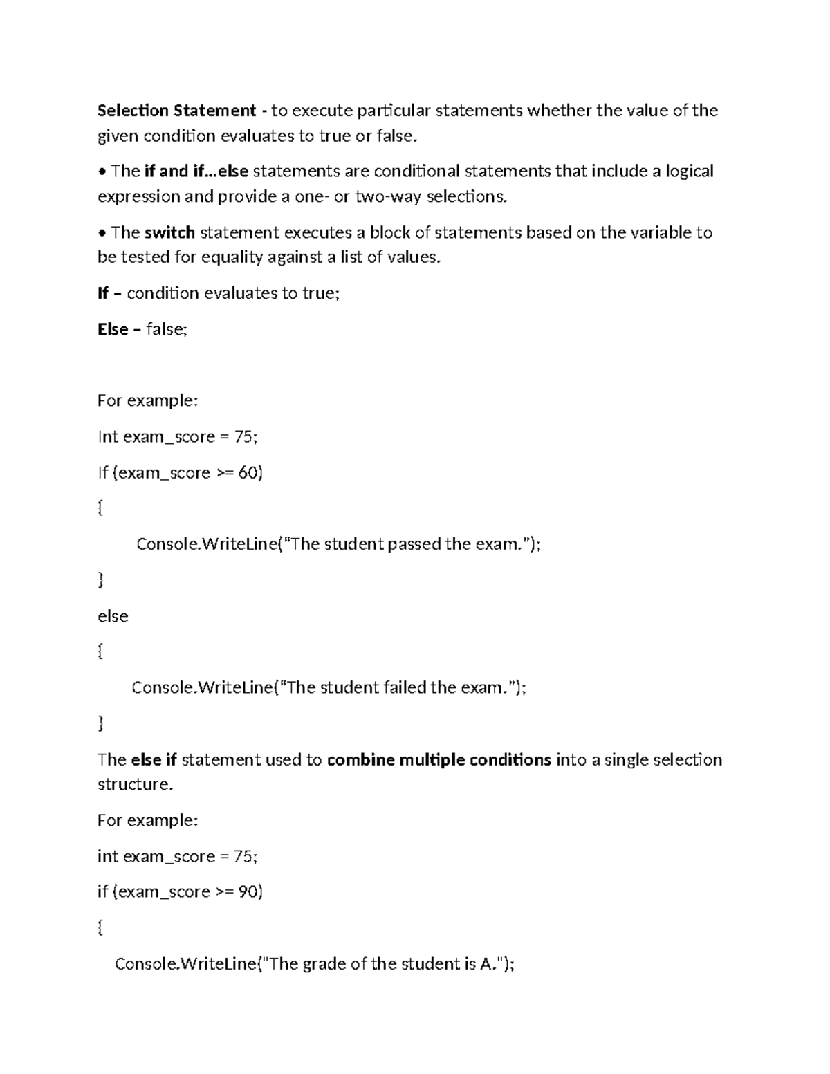 Integrative Programming Midterm Notes: Selection Statements and Loops ...