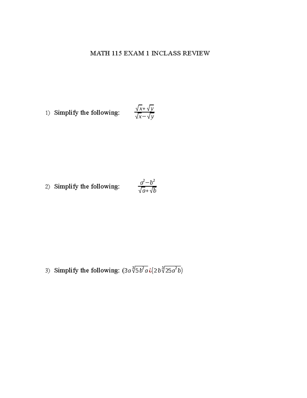 MATH 115 EXAM 1 IN-CLASS REVIEW: Simplification & Operations - Studocu