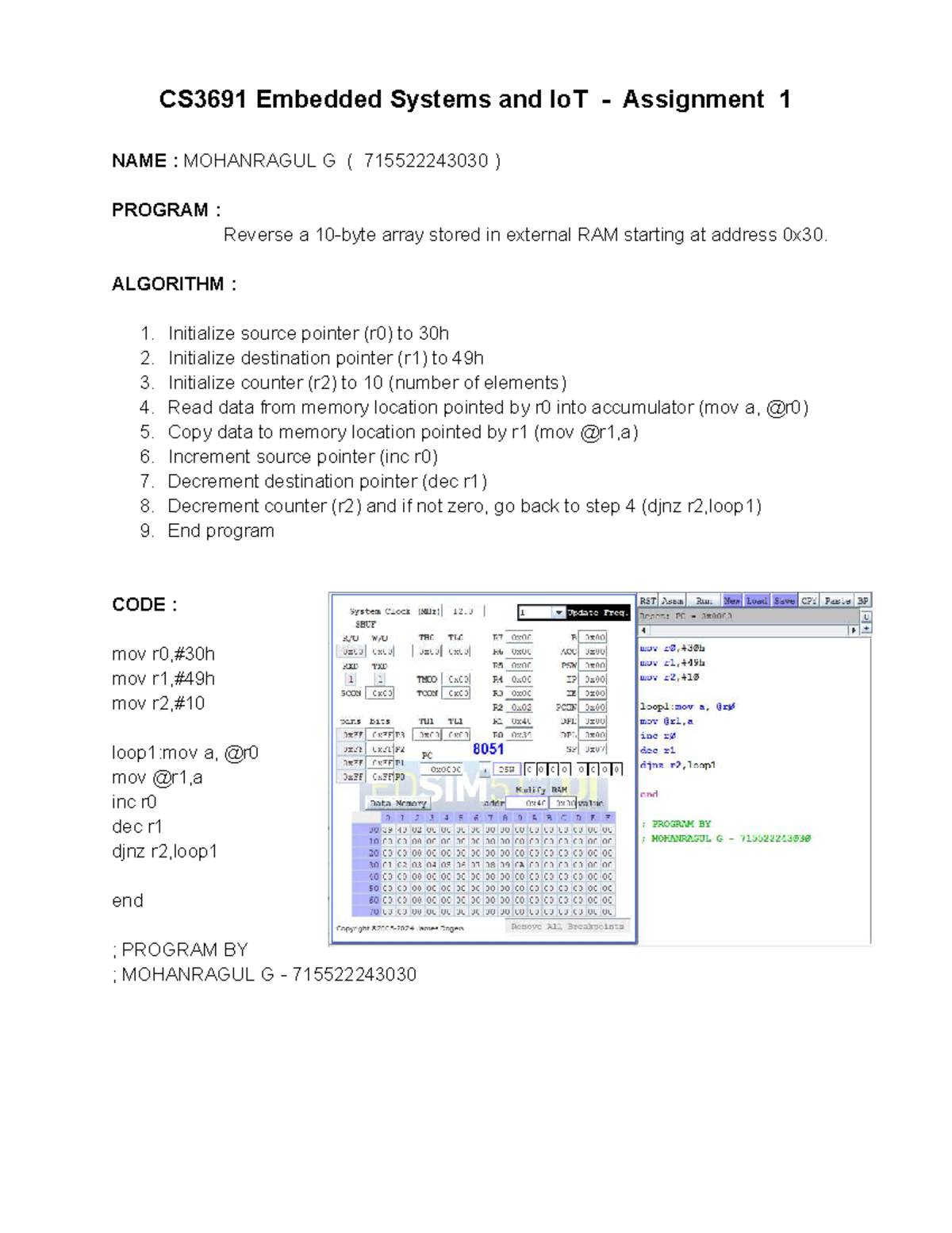 CS3691 Embedded Systems & IoT Assignment 1: Array Reversal Program ...