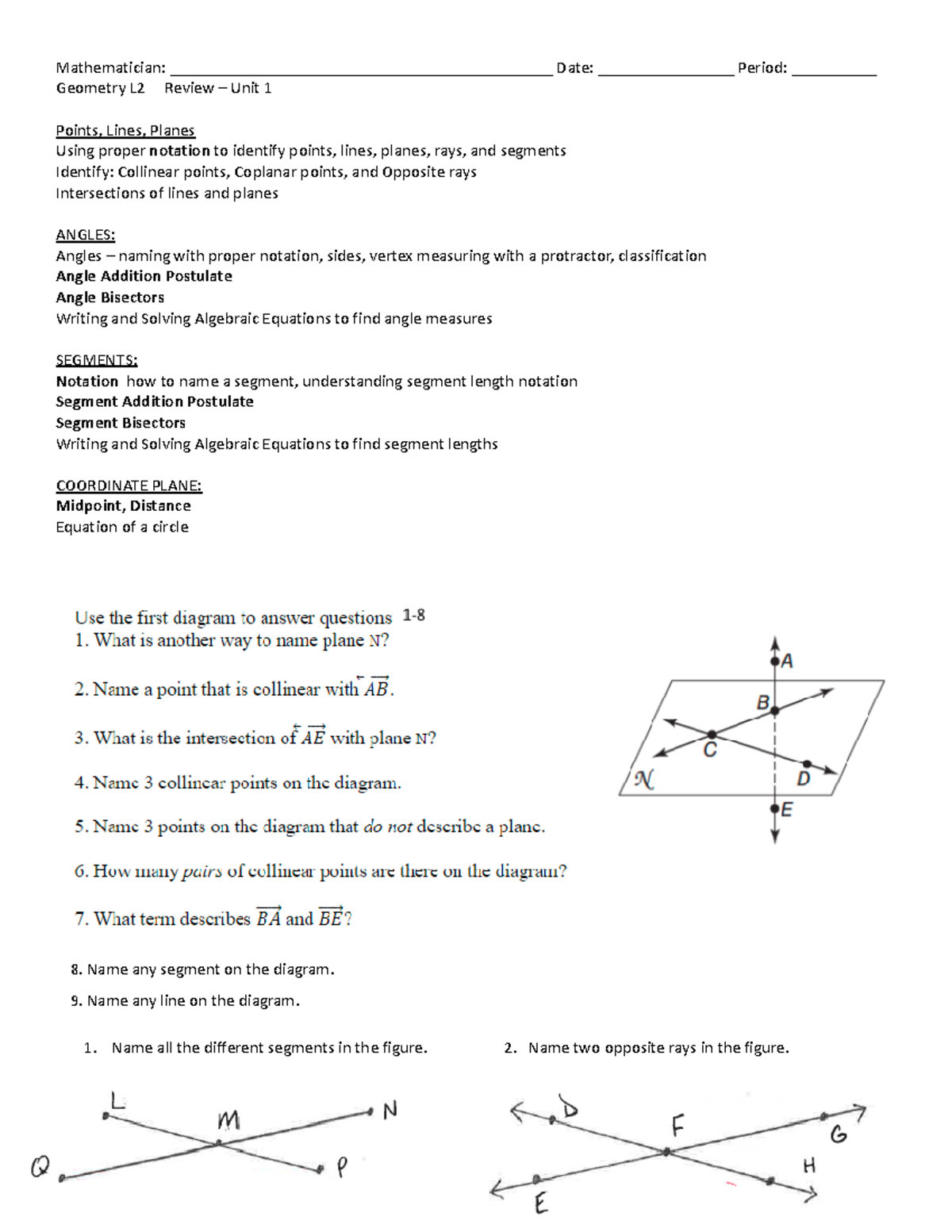 Geometry L2 Unit 1 Review: Points, Lines, Angles, and Segments ...