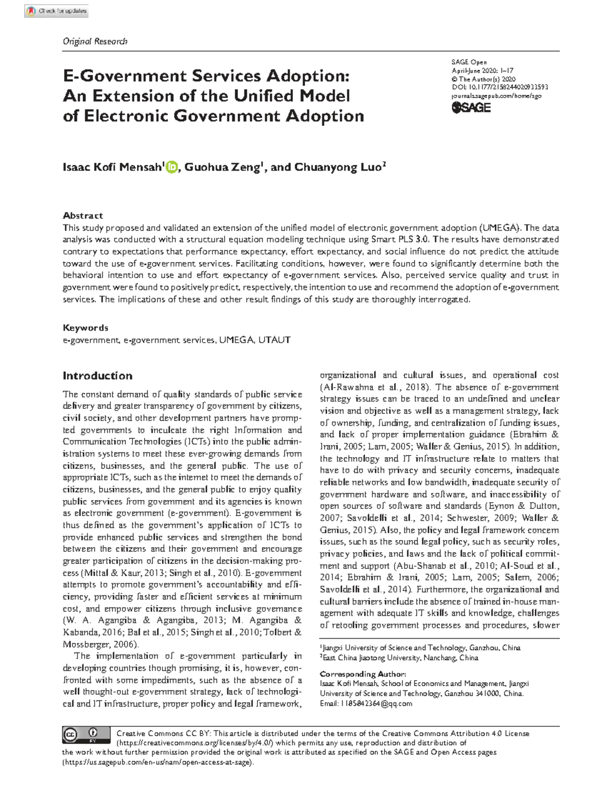 933593 Mensah et al. 2020 E-Gov Services Adoption: Extending UMEGA ...